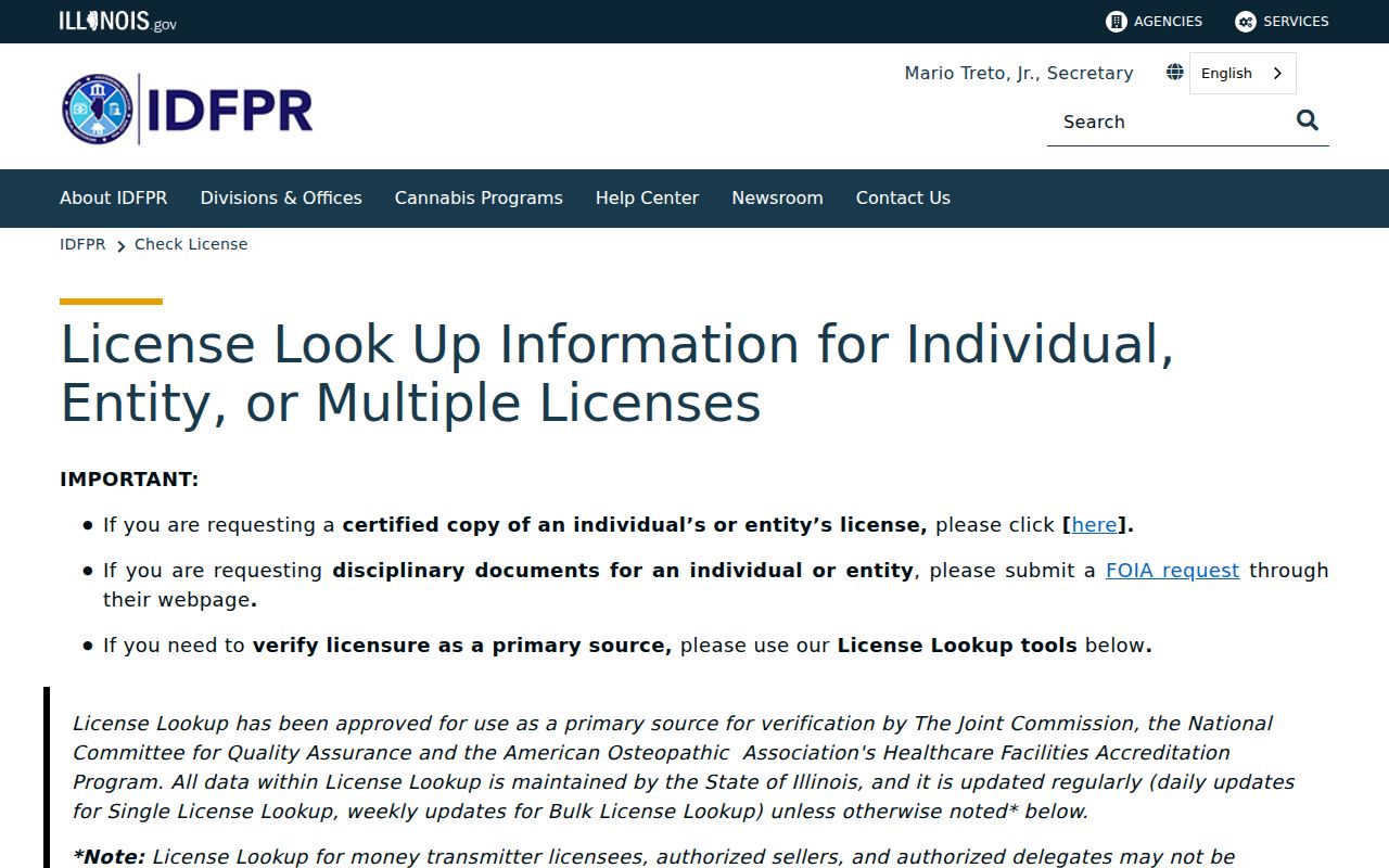 Maywood resident lookup through the Illinois professional license search