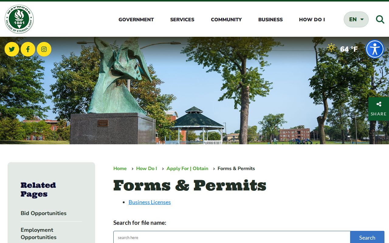 Maywood forms permits and FOIA page for address-based village records